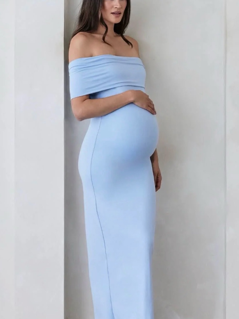 One-Shoulder Maternity Maxi Dress in Light Blue